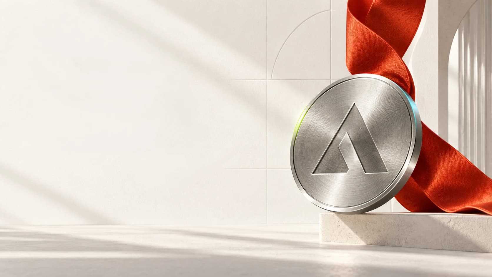 Brushed silver AI Web Awards medallion with a vermilion ribbon